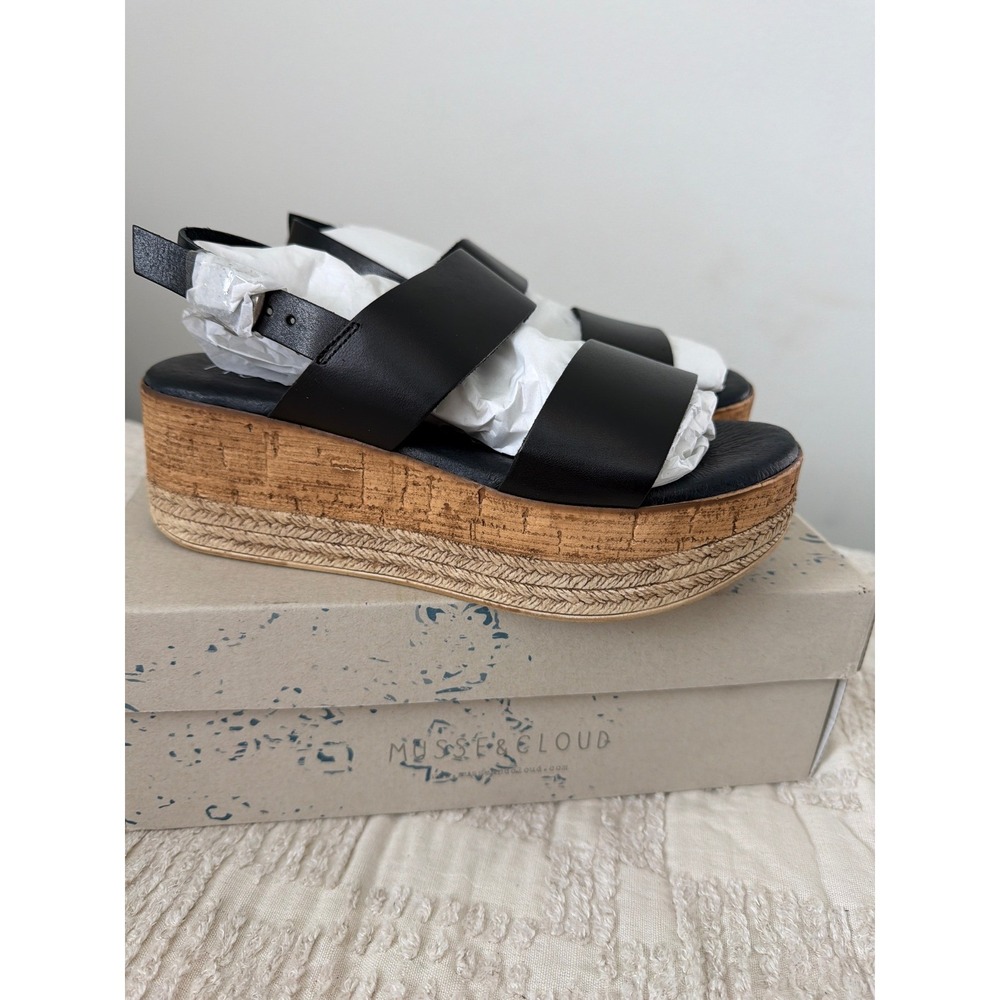 Musse & Cloud Black Leather Cork Espadrille Platform Sandals Made in Spain 7